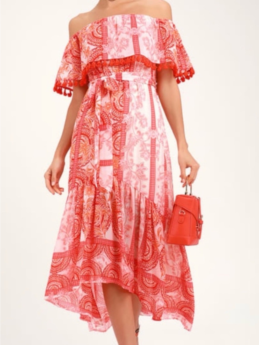 Lulu's Red and Pink Off-Shoulder Paisley Midi Dress